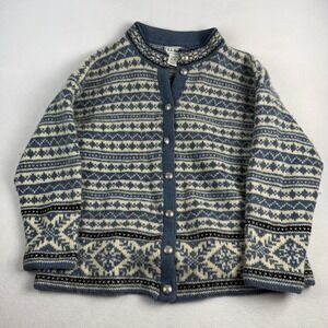 LL Bean Womens XL Fair Isle Wool Cardigan Blue Snowflake Button Sweater HT72 USA